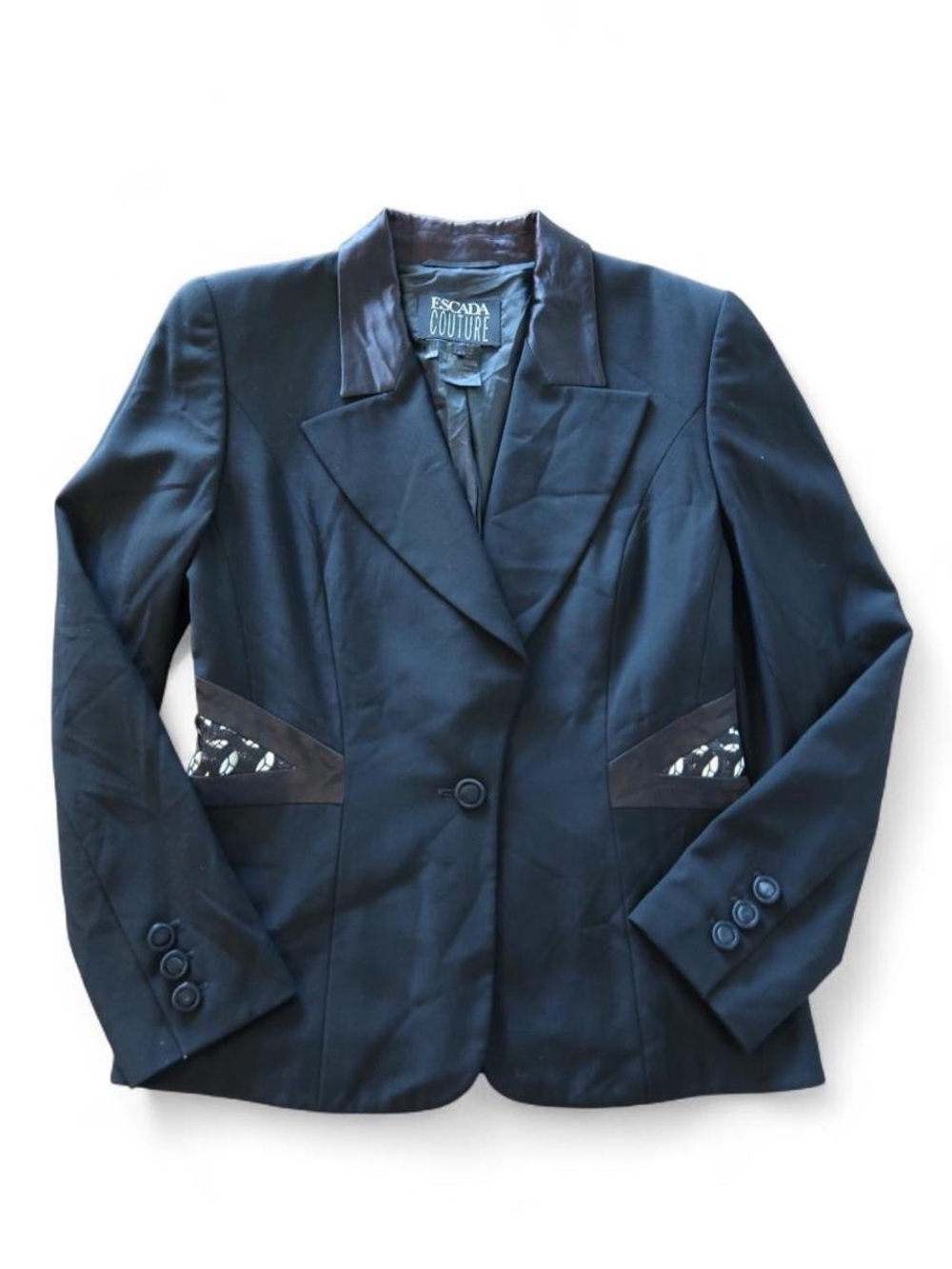 Escada Couture Black Blazer w/ Back Lace Panel & Silk Collar